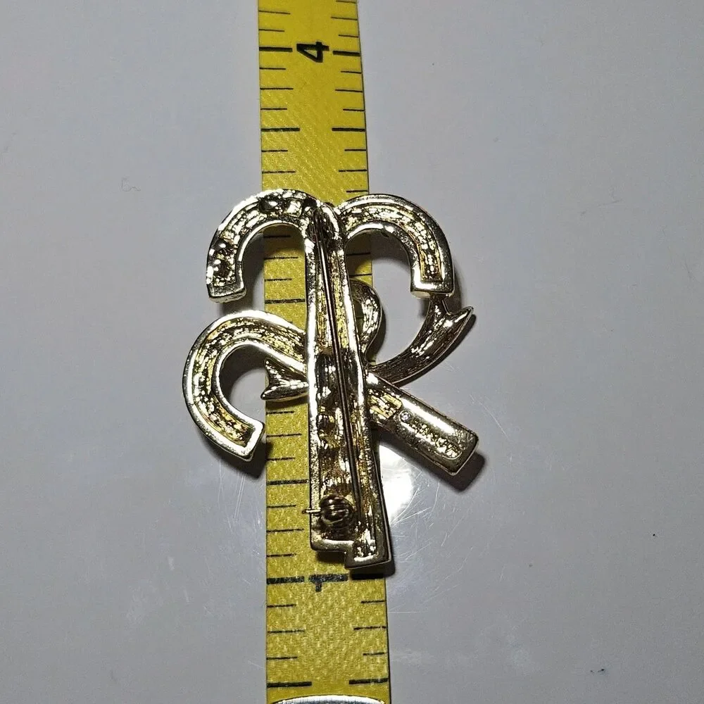 **Final Sale** Monet Christmas Candy Cane Bow Red Clear Gold Tone Brooch